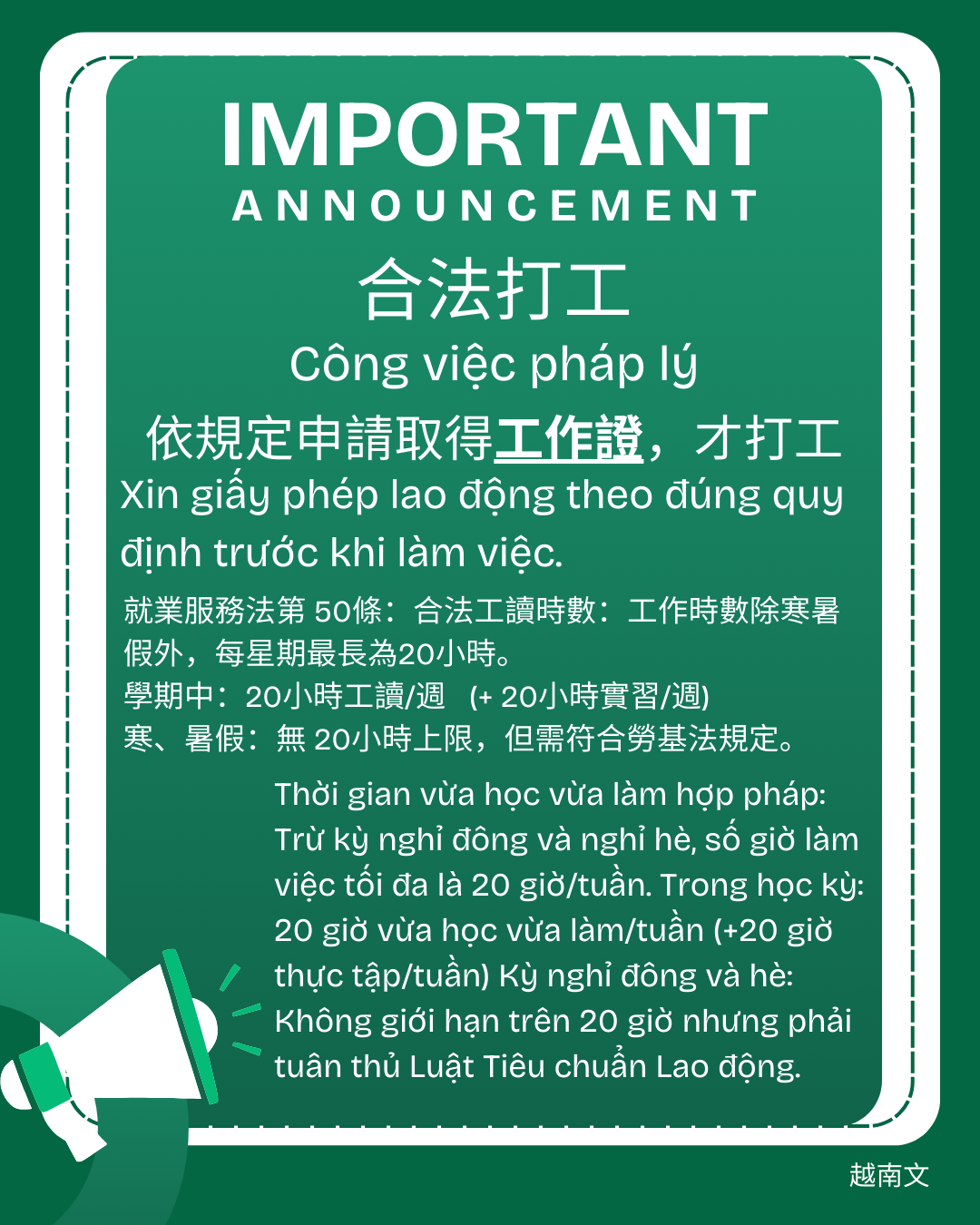 外國學生於學期間工讀時數一週為20小時 越文版